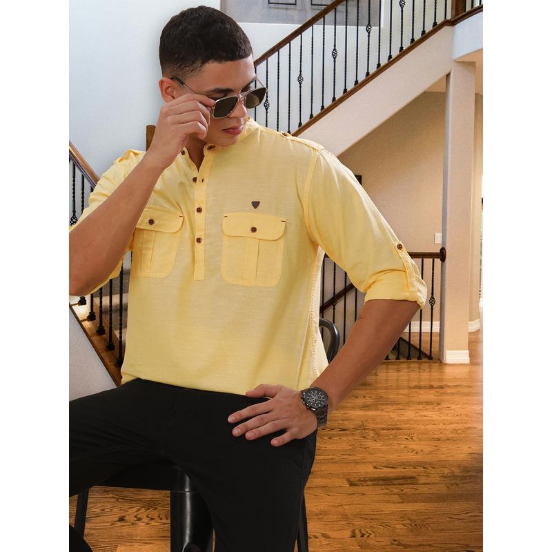 KUONS AVENUE Yellow Men's Cotton Short Pathani Kurta (XL)