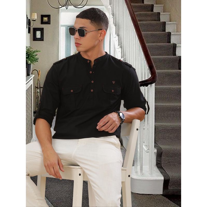 KUONS AVENUE Black Men's Cotton Short Pathani Kurta (M)