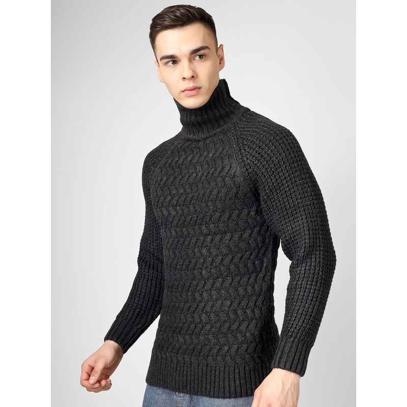 JOE Hazel Men Charcoal Black High Neck Self Design Sweater (M)