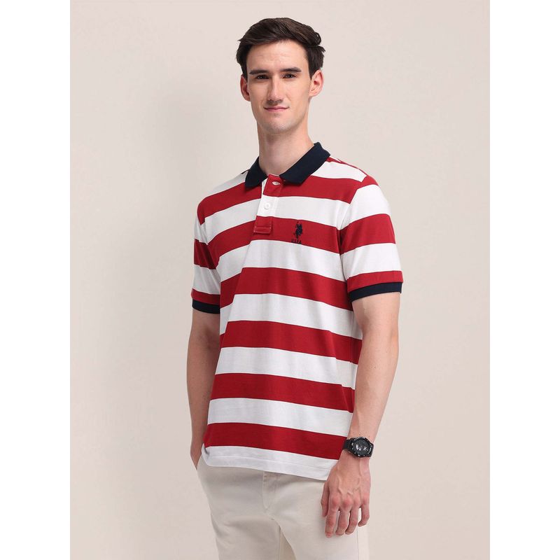 U.S. POLO ASSN. Horizontal Striped Slim Fit Red Polo T-Shirt (L)