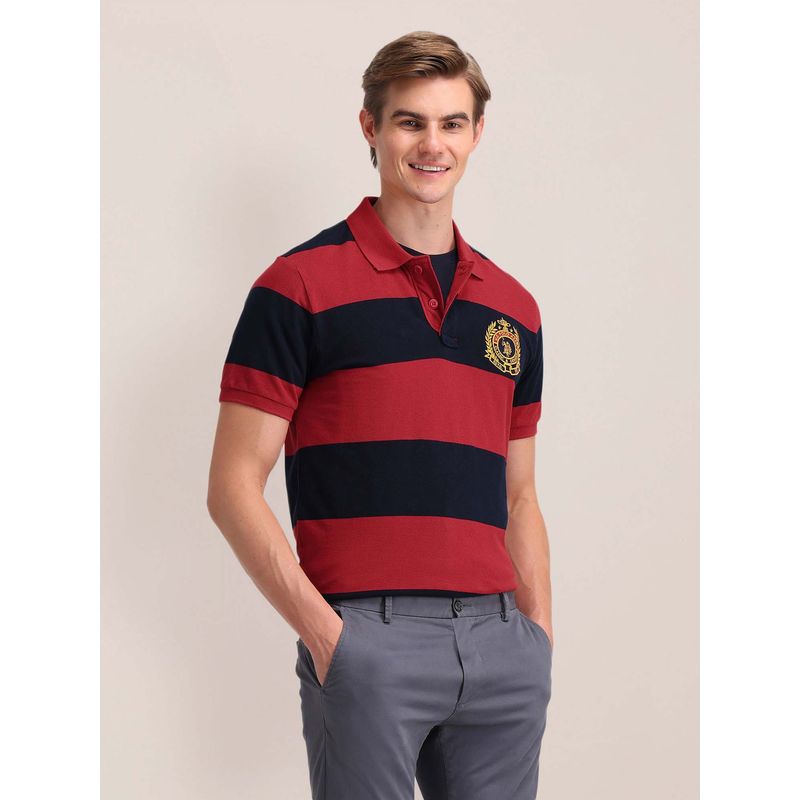 U.S. POLO ASSN. Horizontal Striped Cotton Red Polo T-Shirt (L)