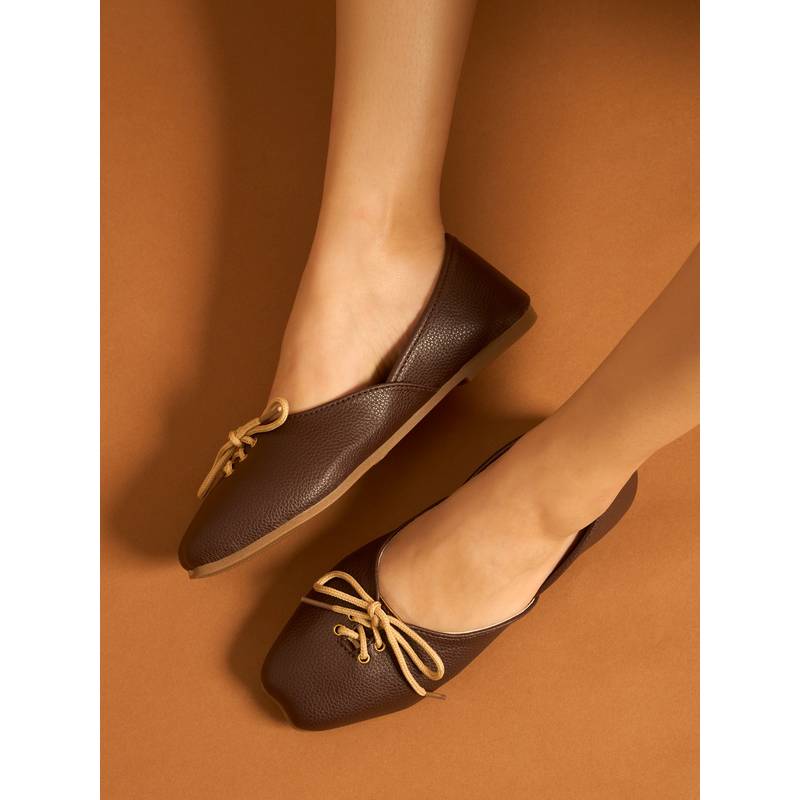 GLAM STORY Belizia Textured Lace-Up Coffee Brown Ballerina (EURO 36)