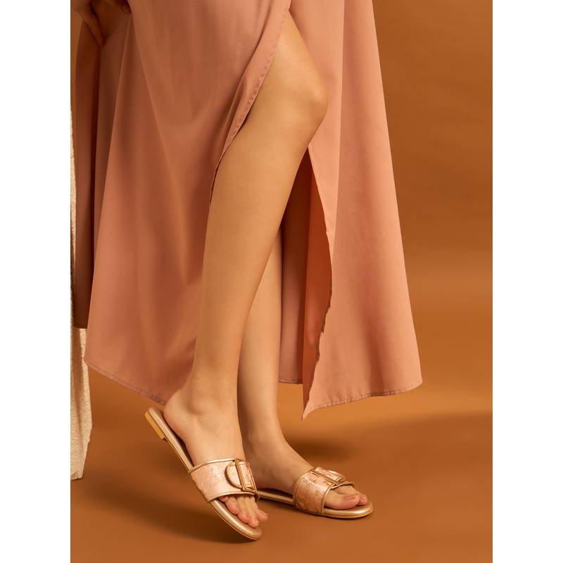 GLAM STORY Blush Bloom Foil Print Peach Open Toe Vegan Leather Slides Flats with Buckle (EURO 36)