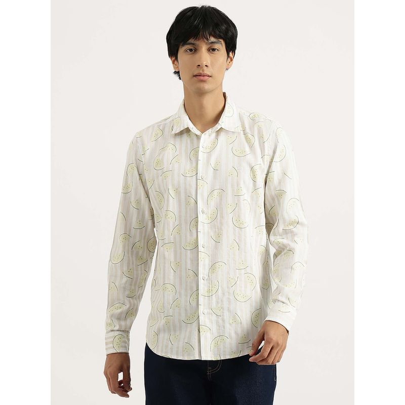 United Colors of Benetton Men Beige Regular Fit Spread Collar Printed Twill Melon Shirt (XL)