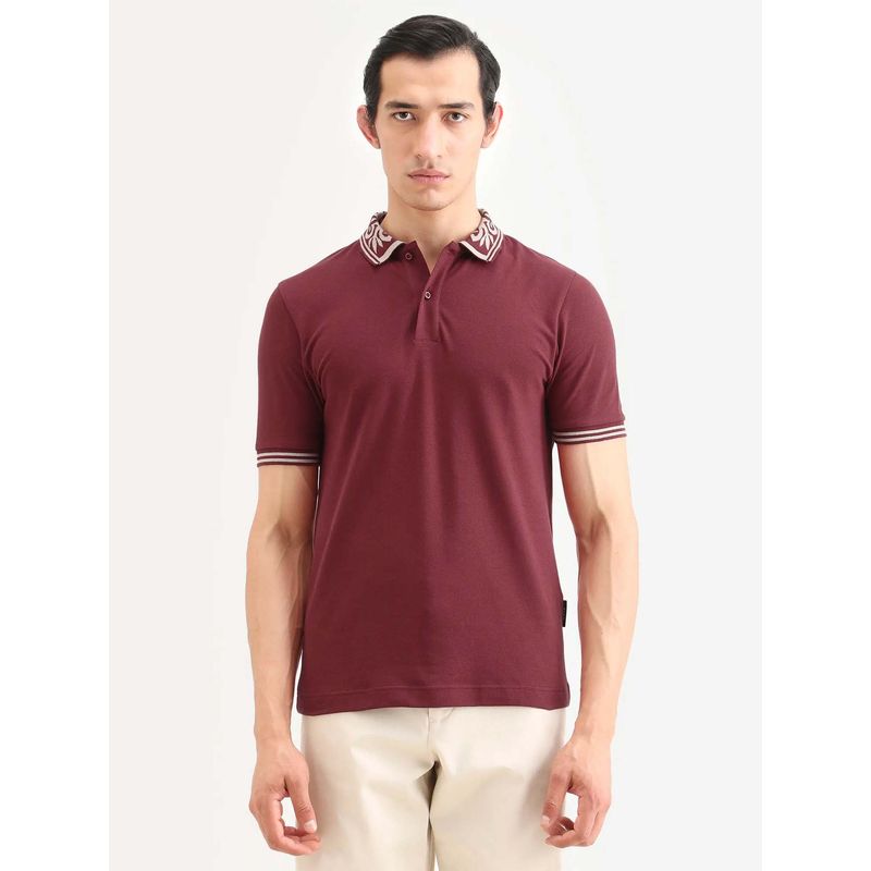Rare Rabbit Men Axeo Maroon Solid Regular Fit Polo T-shirt (L)