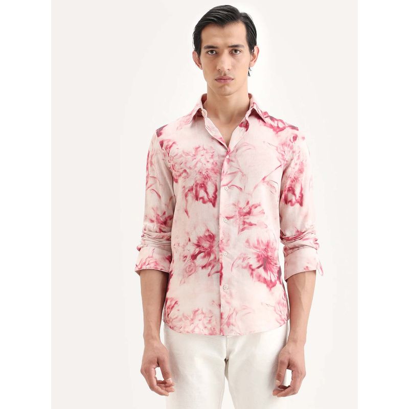 Rare Rabbit Men Pink Tie and Dye Linen Blend Regular Fit Shirt (M)