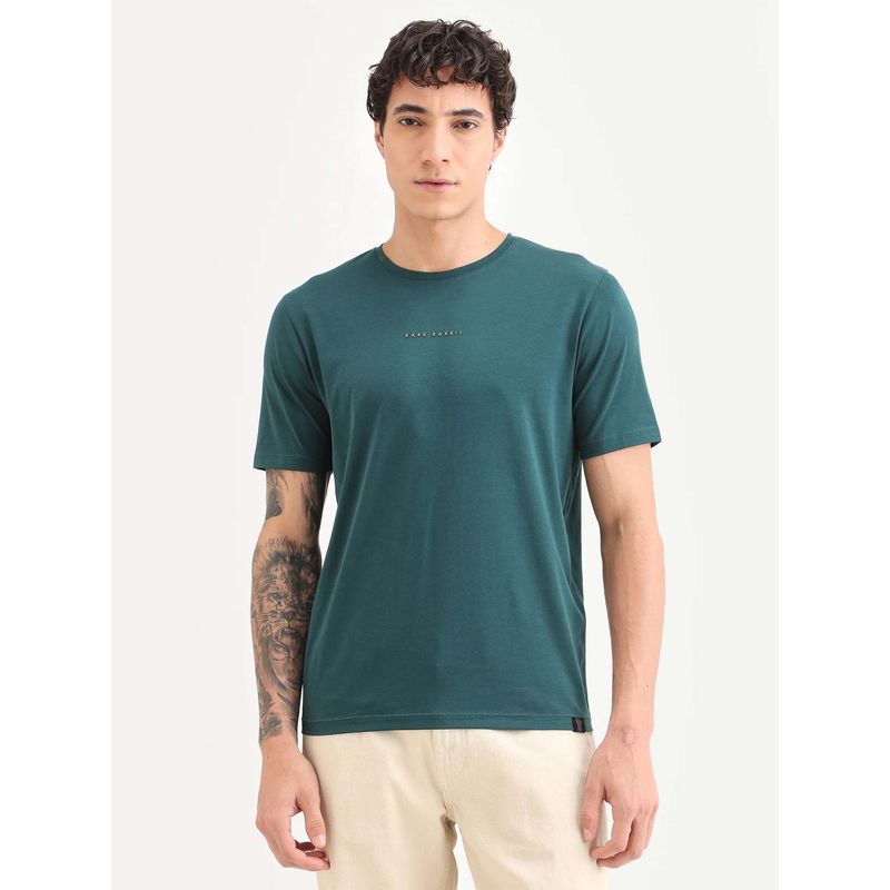 Rare Rabbit Men Teal Solid Crew Neck T-shirt (S)