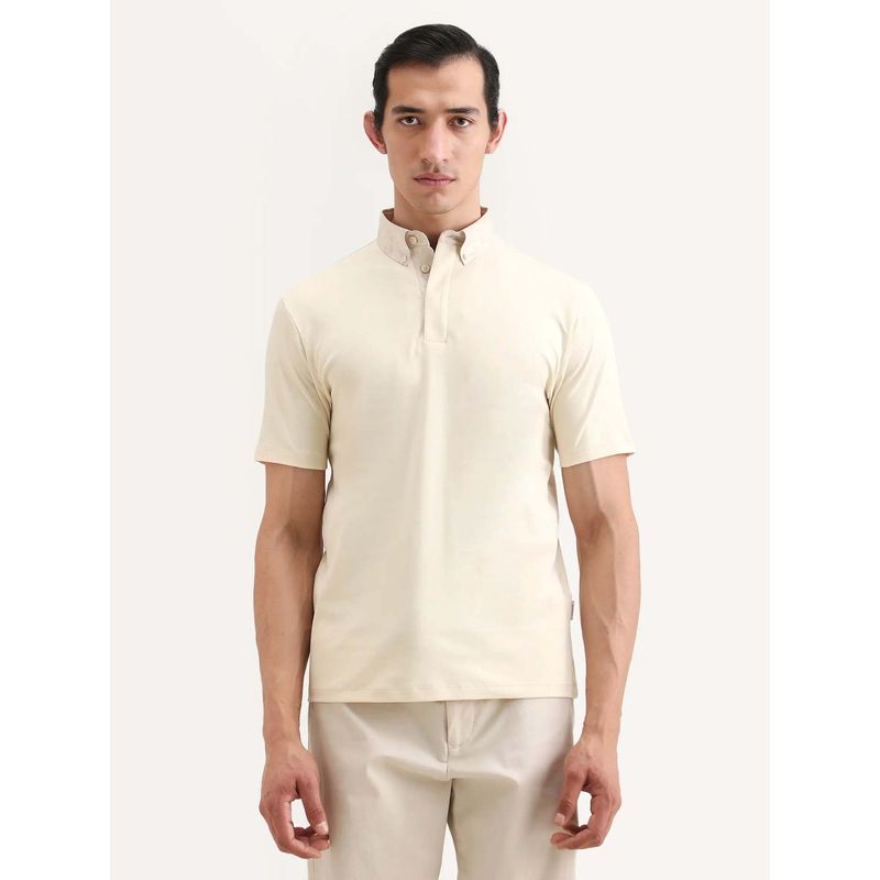 Rare Rabbit Men Cream Solid Regular Fit Polo T-shirt (M)