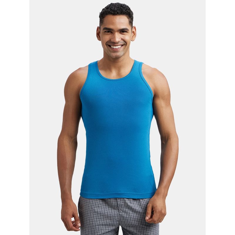 Jockey FP04 Mens Super Combed Cotton Scoop Neck Sleeveless Vest with Extended Length Blue (M)