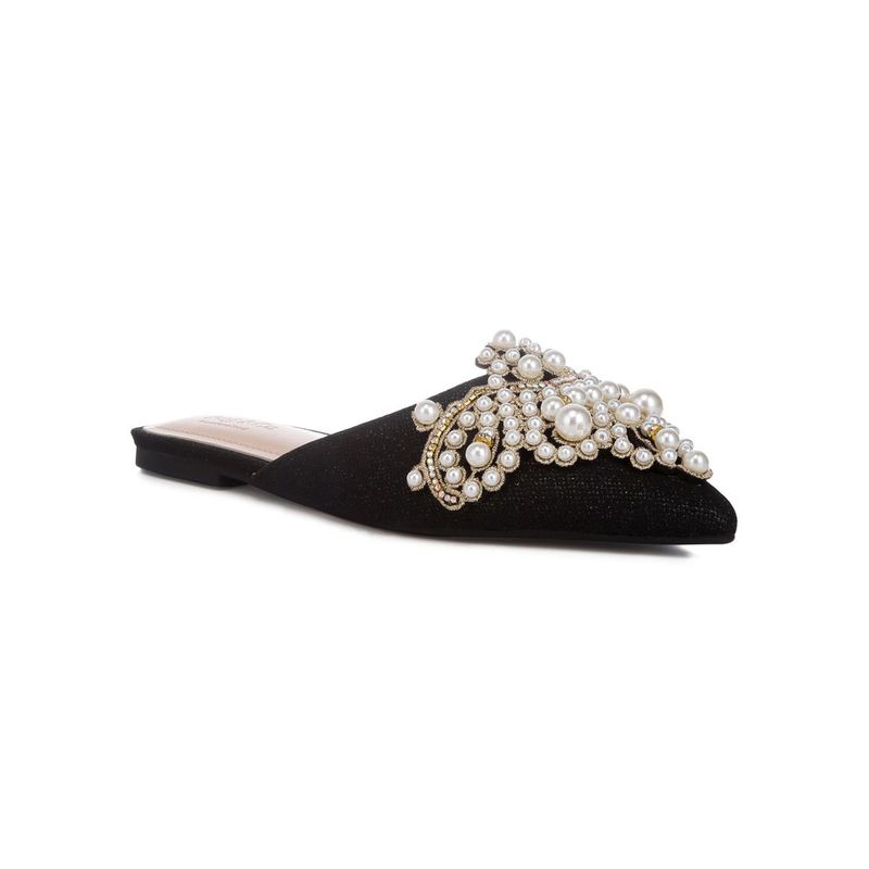 Rag & Co Pearl Embellished Flat Party Black Mules (UK 3)