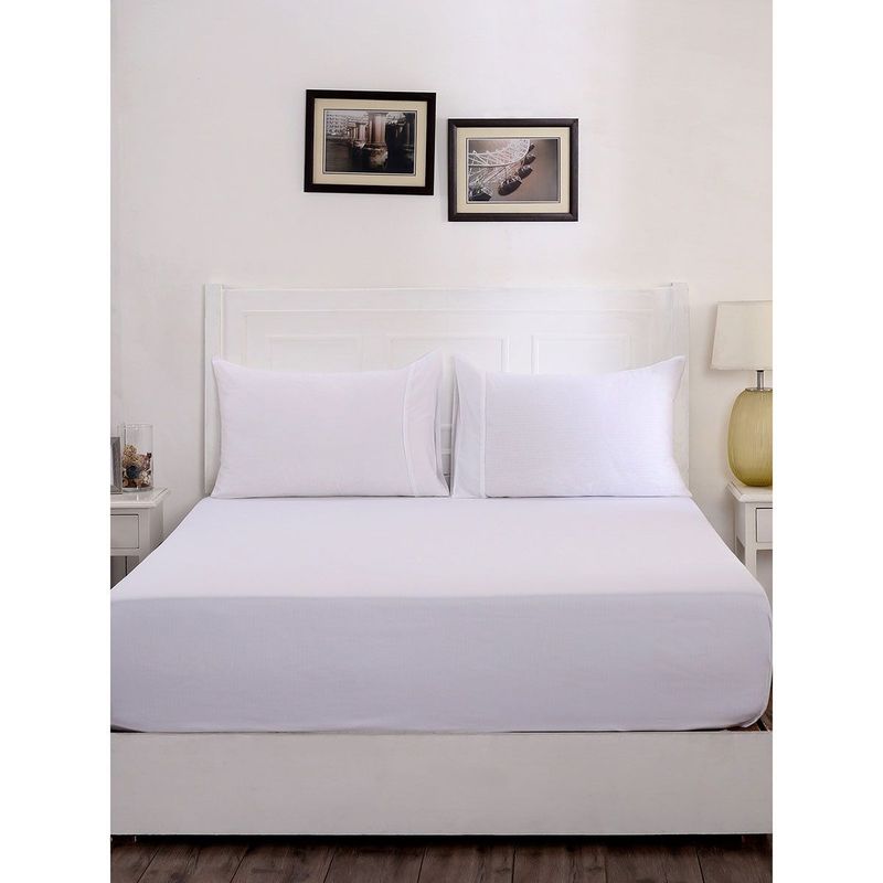 Maspar Colorart Viola Solid 300 Tc Cotton White Double Bed Sheet With 2 Pillow Covers (Queen)