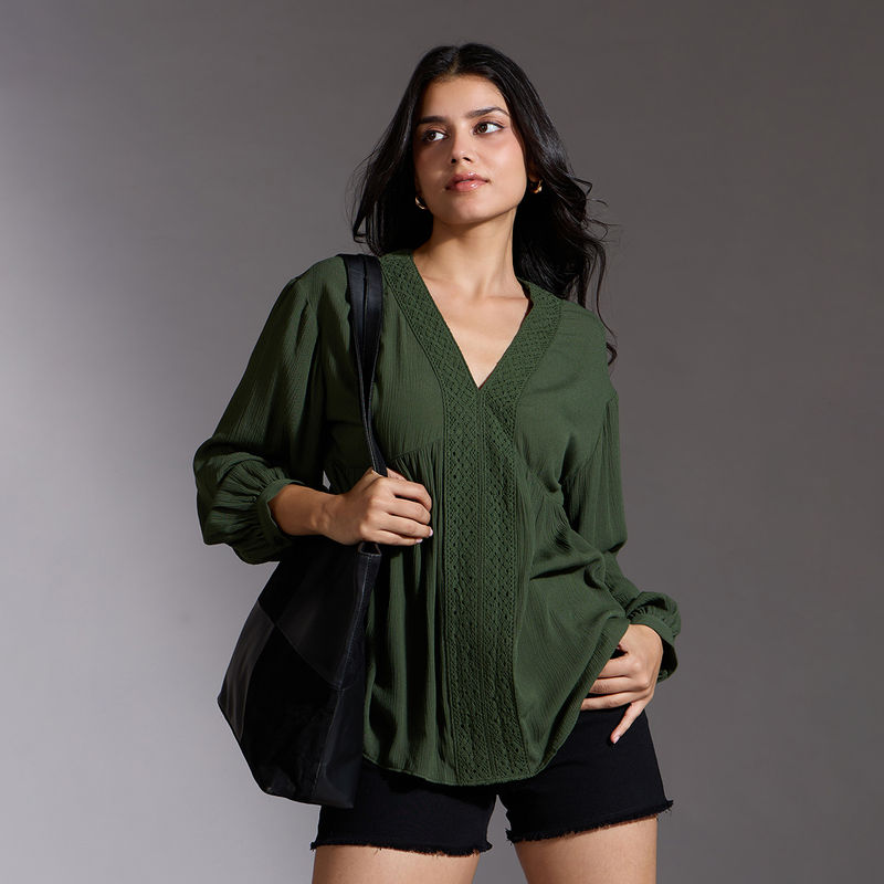 Twenty Dresses by Nykaa Fashion Bottle Green Solid V Neck Bishop Sleeves Top (S)