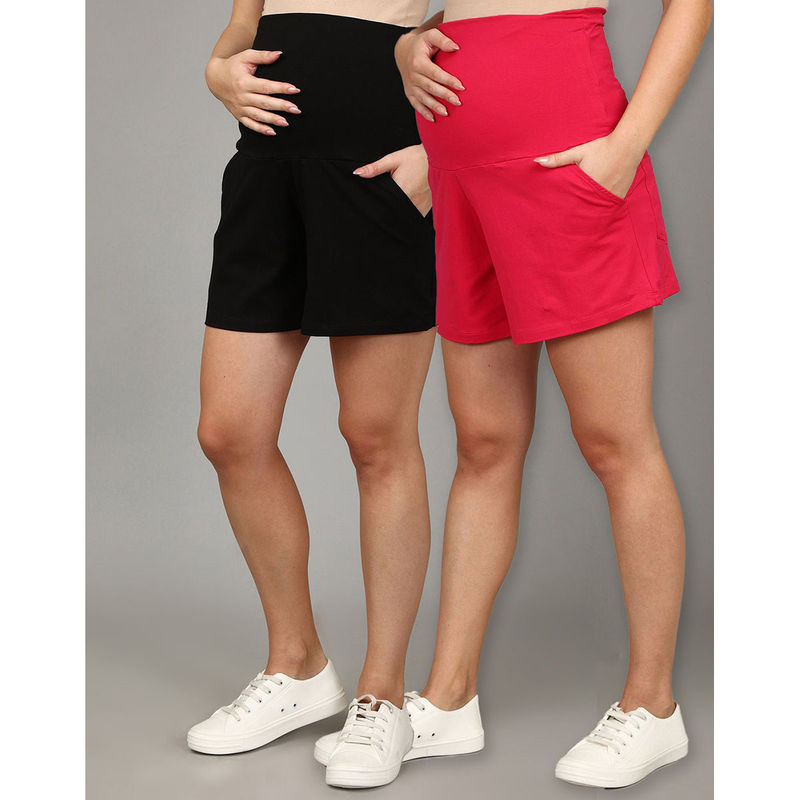 The Mom Store Comfy Maternity Shorts Pink & Black (Pack of 2) (L)