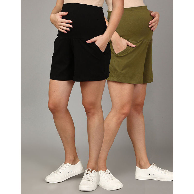 The Mom Store Comfy Maternity Shorts Olive & Black (Pack of 2) (S)