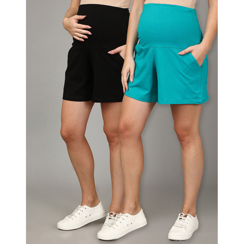 The Mom Store Comfy Maternity Shorts Blue & Black (Pack of 2) (S)