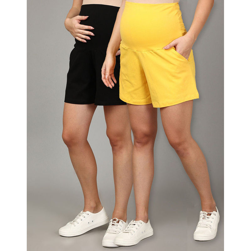 The Mom Store Comfy Maternity Shorts Yellow And Black (Pack of 2) (L)