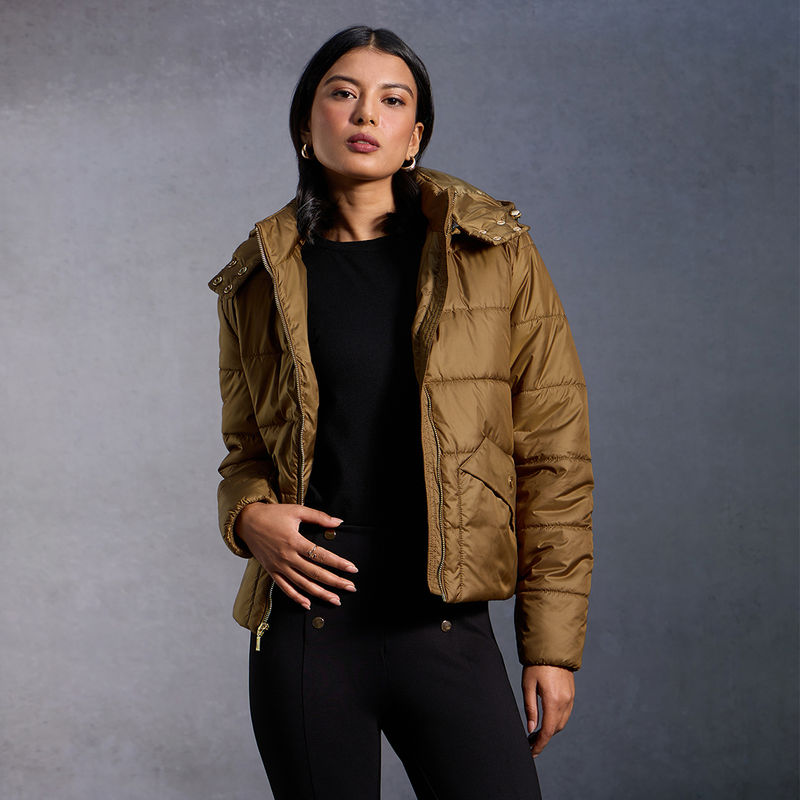 RSVP by Nykaa Fashion Khaki Solid High Neck Full Sleeves Puffer Jacket with Detachable Hood (XL)