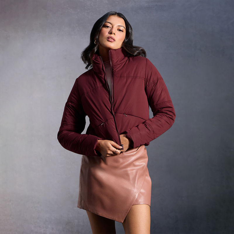 RSVP by Nykaa Fashion Maroon Solid High Neck Full Sleeves Crop Puffer Jacket (L)