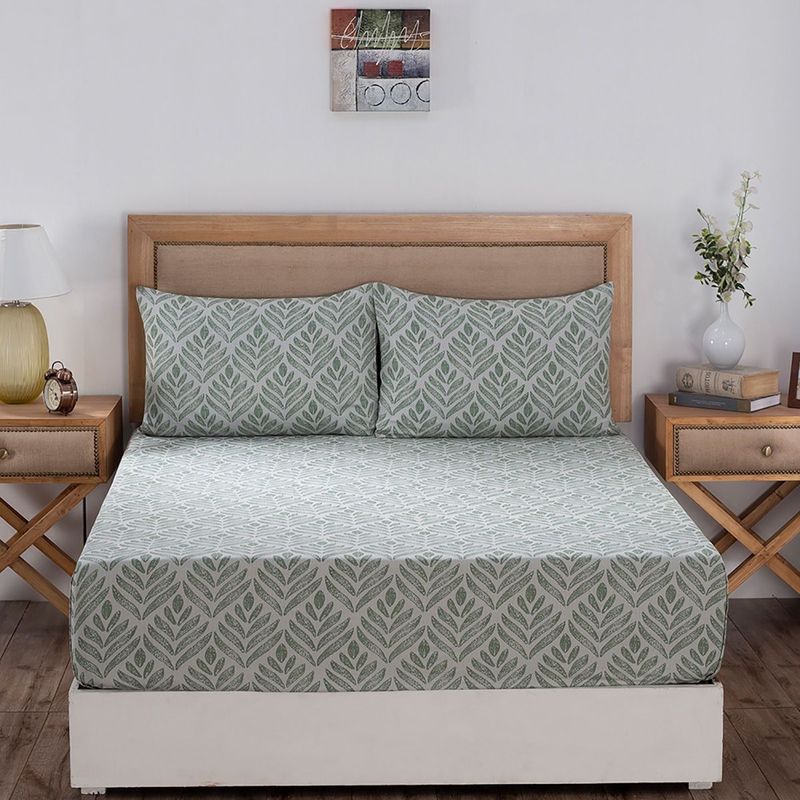 Maspar Hues Global Atelier Petal Touch 210 TC Cotton Green BedSheet With 1 Pillow Cover (SINGLE)