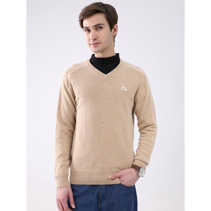 Monte Carlo Khaki Solid Full Sleeve Pullover Sweater (M)
