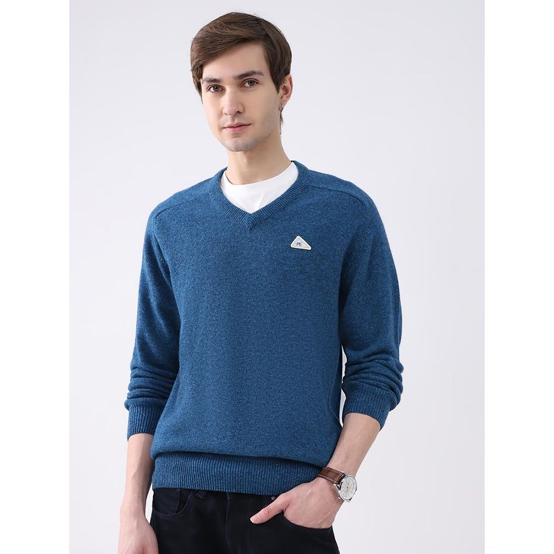 Monte Carlo Teal Solid Full Sleeve Pullover Sweater (M)
