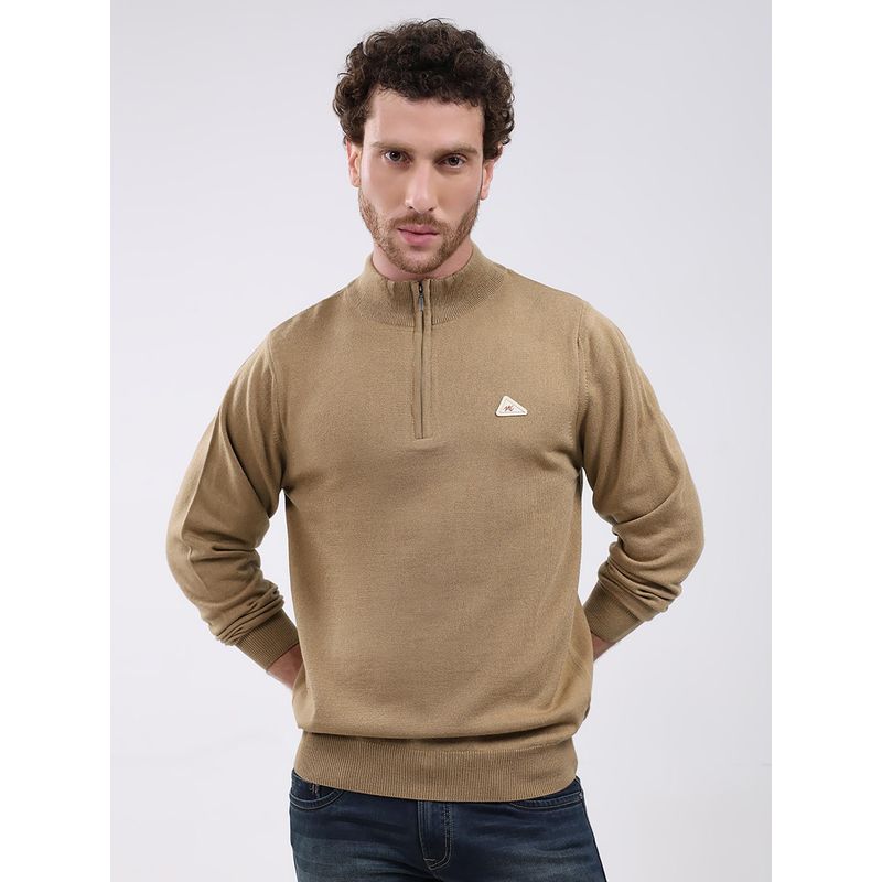 Monte Carlo Khaki Solid Full Sleeve Zipper Sweater (2XL)