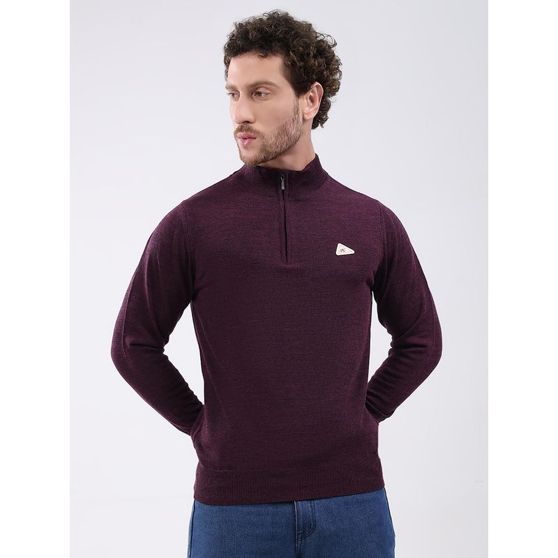 Monte Carlo Burgundy Solid Full Sleeve Zipper Sweater (M)