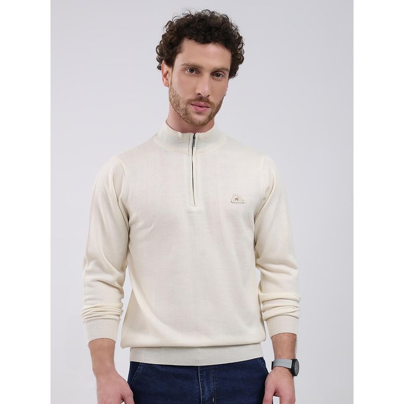 Monte Carlo Cream Solid Full Sleeve Zipper Sweater (XL)