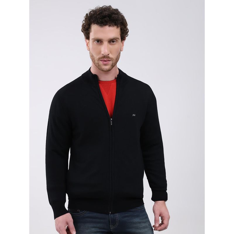 Monte Carlo Black Solid Full Sleeve Zipper Sweater (M)