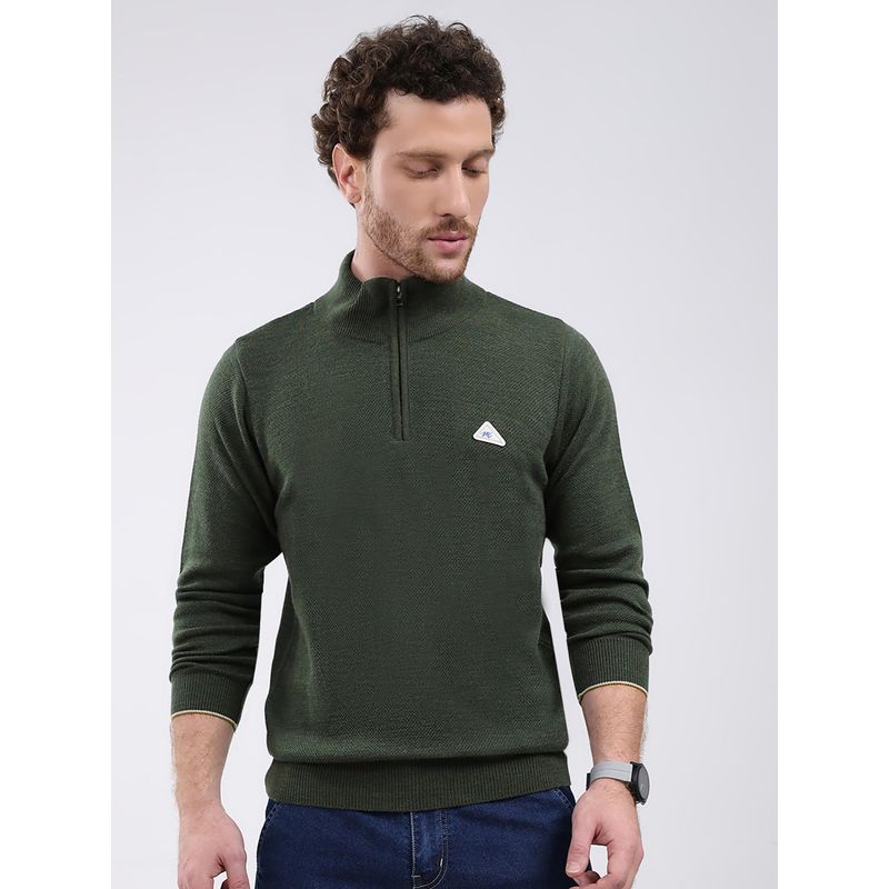 Monte Carlo Olive Solid Full Sleeve Zipper Sweater (L)