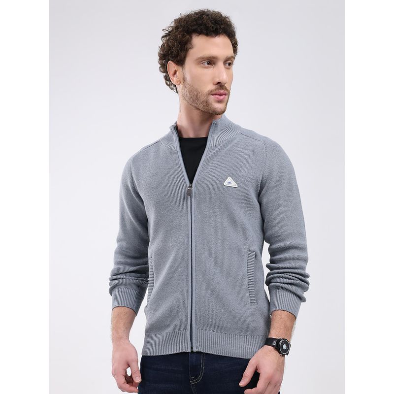 Monte Carlo Grey Solid Full Sleeve Zipper Sweater (XL)