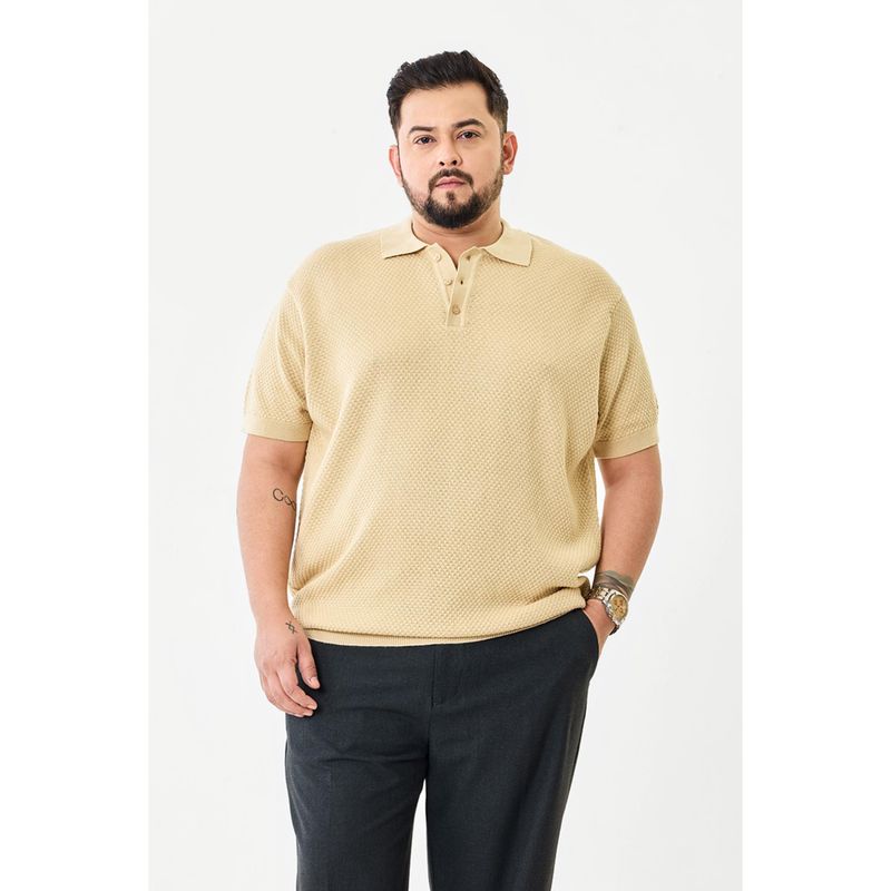 Snitch Beige Textured Plus Size Polo T-Shirt for Men (3XL)
