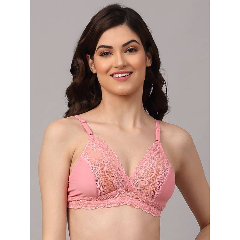 AOBA Women Pink Floral Lace Non-Padded Non Wired Bralette Bra (S)