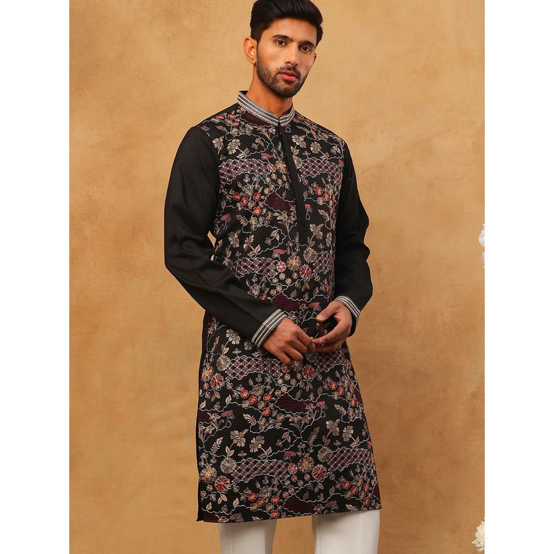 Jompers Premium Silk Blend Embroidered Black Kurta (S)