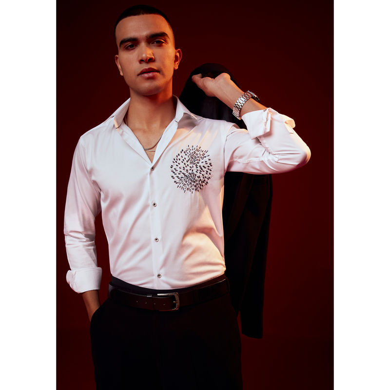 KALKI FASHION White Embellished Silk Blend Party Casual Shirt (M)