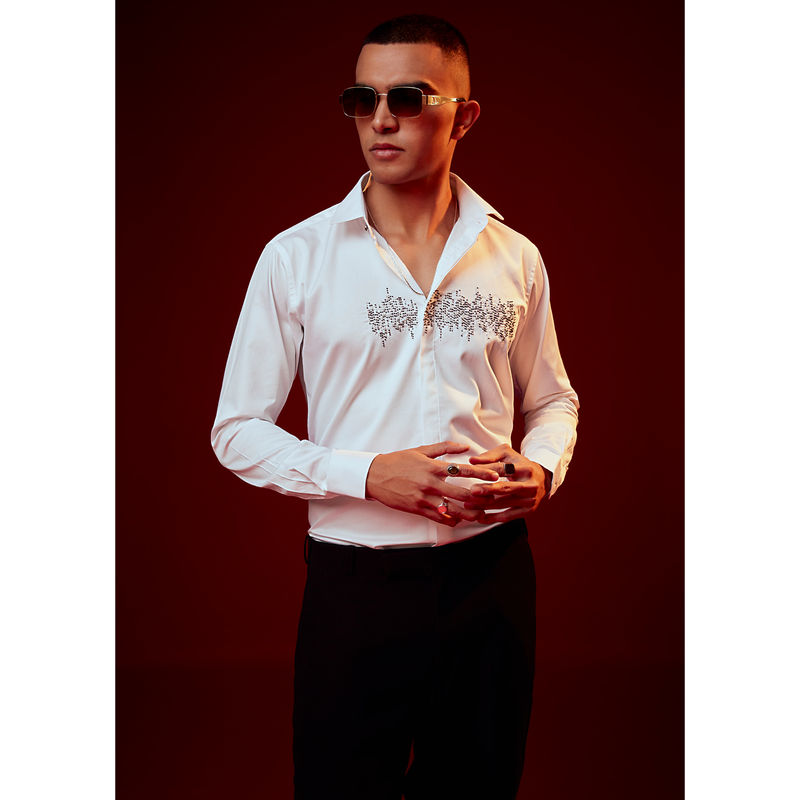KALKI FASHION White Embellished Silk Blend Collar Neck Casual Shirt (XL)