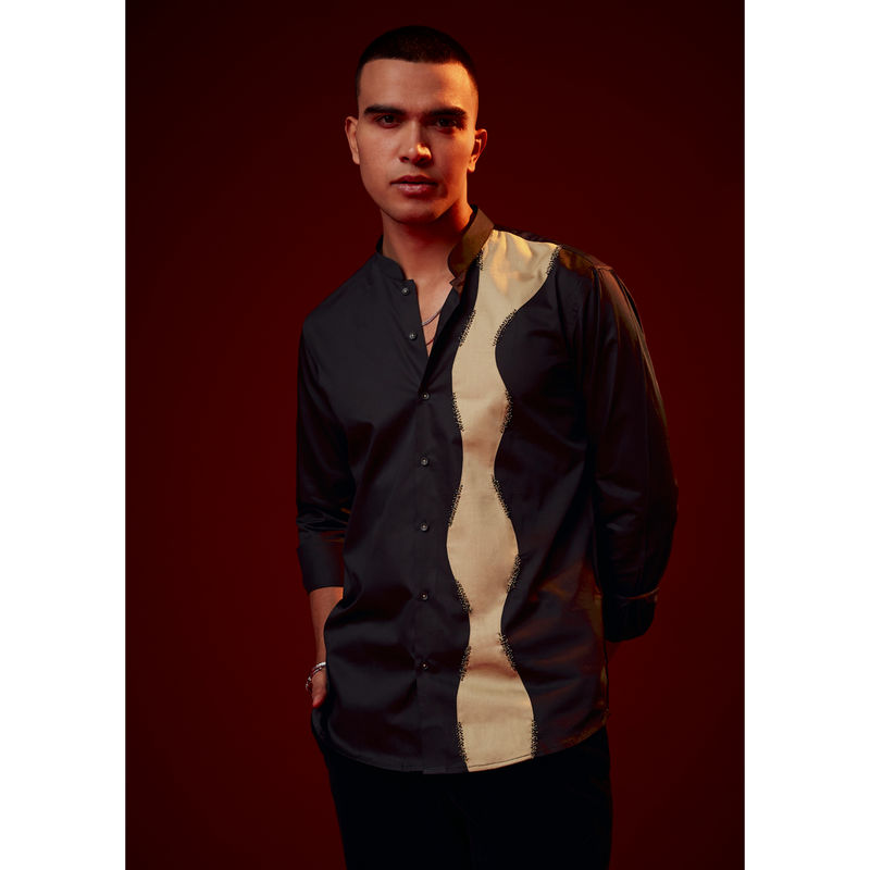 KALKI FASHION Black Patch Work Embellished Party Casual Shirt (M)