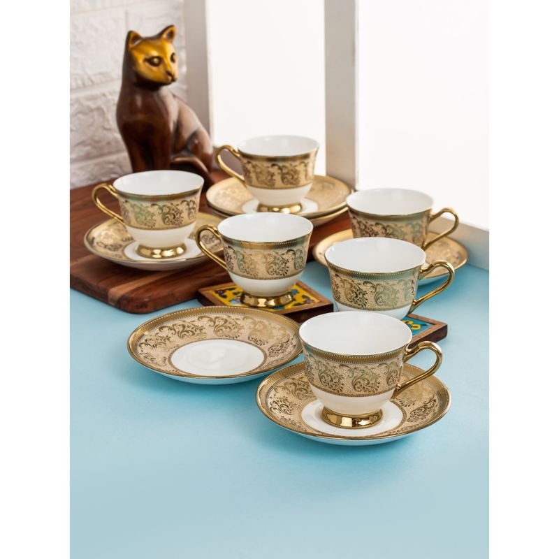 CLAY CRAFT Fine Ceramic Gold Cup & Saucer Set Of 12 ( 6 Cups
