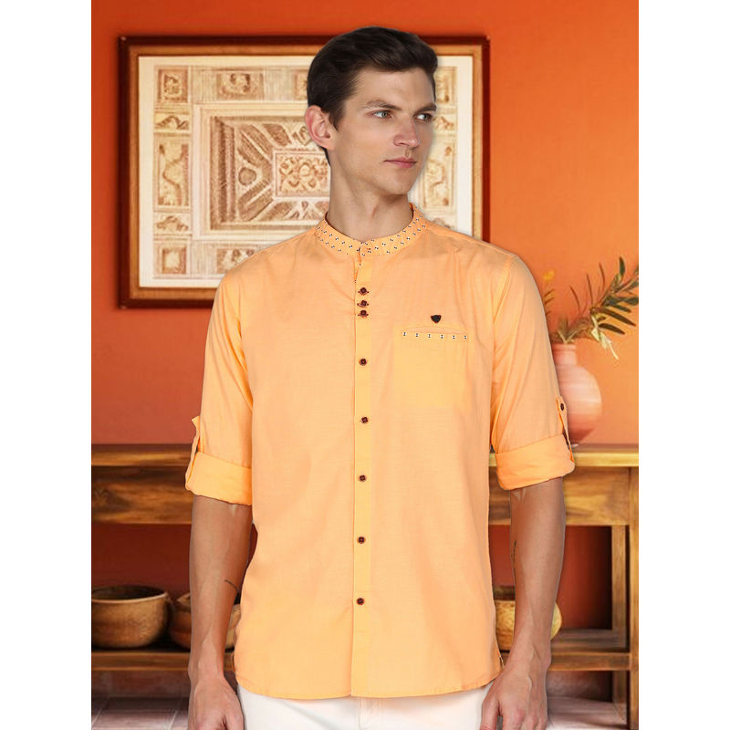 KUONS AVENUE Peach Men's Mandarin Collar Linen Cotton Shirt (M)