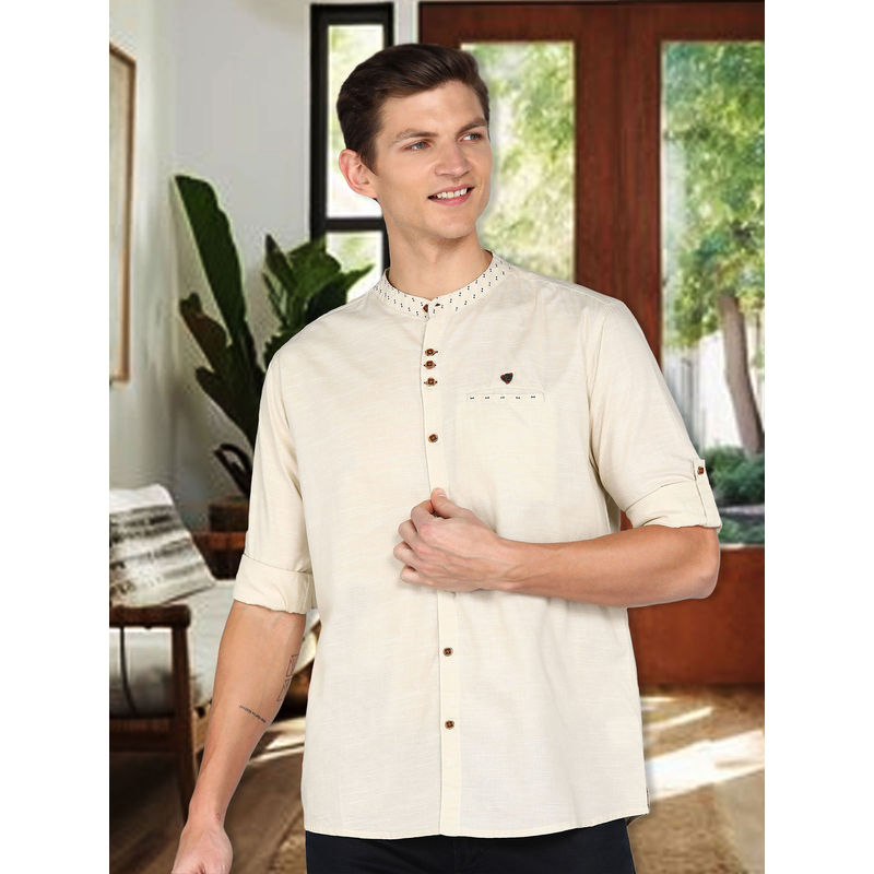 KUONS AVENUE Beige Men's Mandarin Collar Linen Cotton Shirt (M)