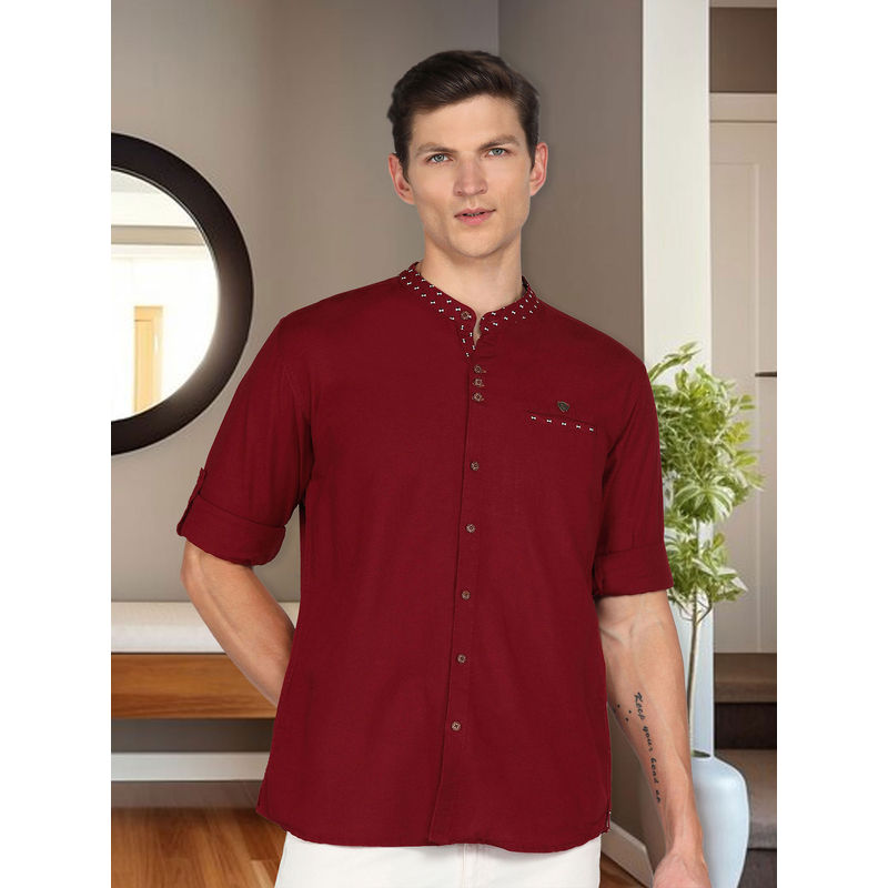 KUONS AVENUE Maroon Men's Mandarin Collar Linen Cotton Shirt (2XL)