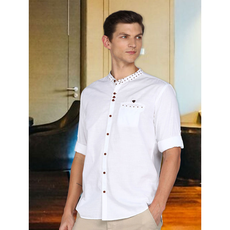 KUONS AVENUE White Men's Mandarin Collar Linen Cotton Shirt (M)