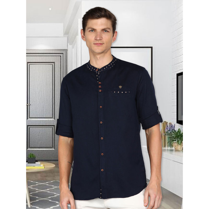 KUONS AVENUE Indigo Men's Mandarin Collar Linen Cotton Shirt (M)