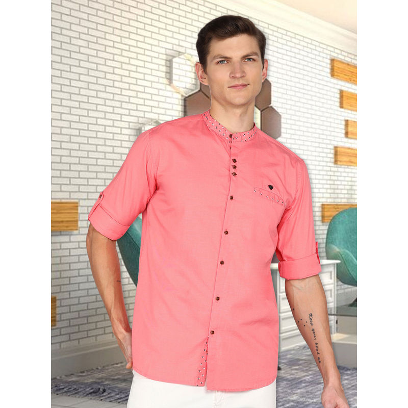 KUONS AVENUE Pink Men's Mandarin Collar Linen Cotton Shirt (M)