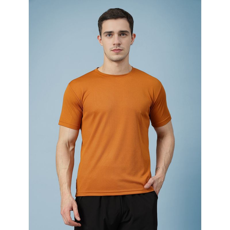 CHKOKKO Men Rust Polyester Solid Regular Fit T-Shirt (S)