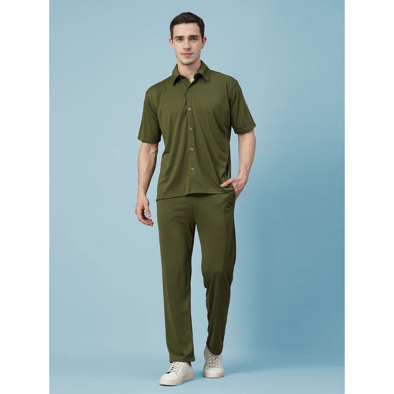 CHKOKKO Men Olive Solid Collar Neck Summer Co-Ord (Set of 2) (S)
