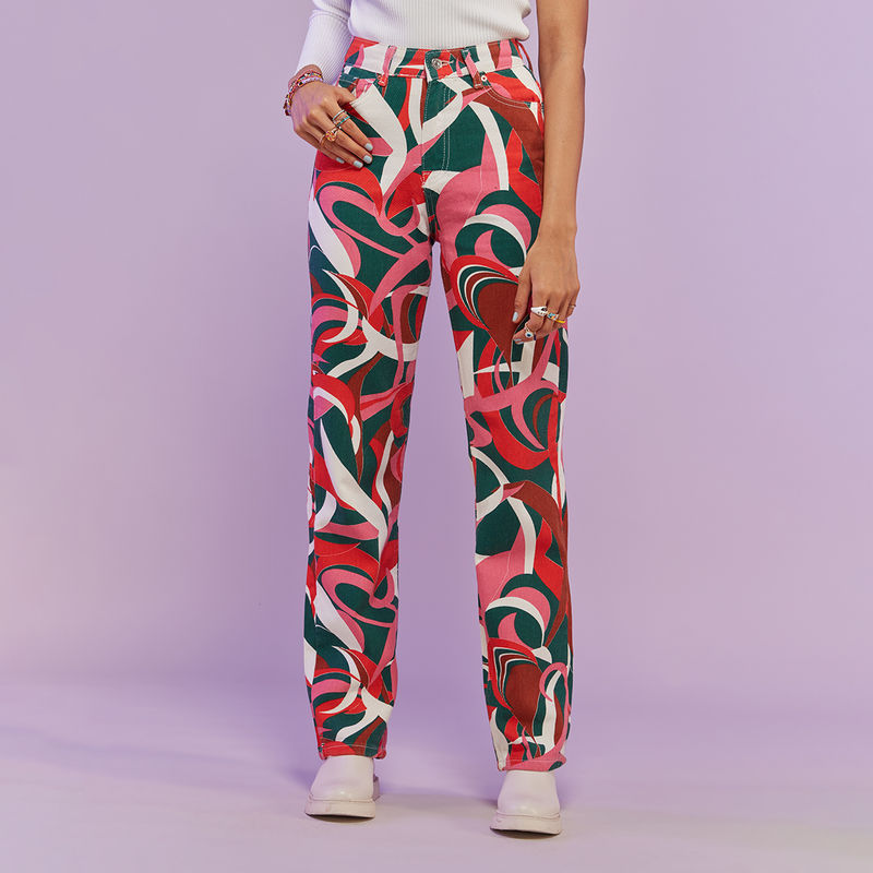 MIXT by Nykaa Fashion Multicolor Abstract Print High Waist Straight Fit Denims (26)