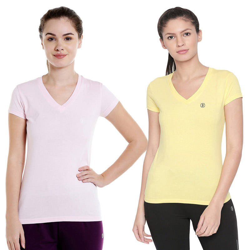 Bodyactive Multi Color T-shirt for Women - TS14-LMYELLTPI-2PCS-S