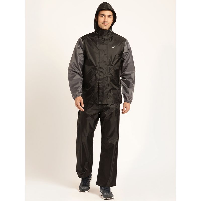 Wildcraft Men Black Polyester Colorblock Rain Jacket with Pant (Set of 2) (L)