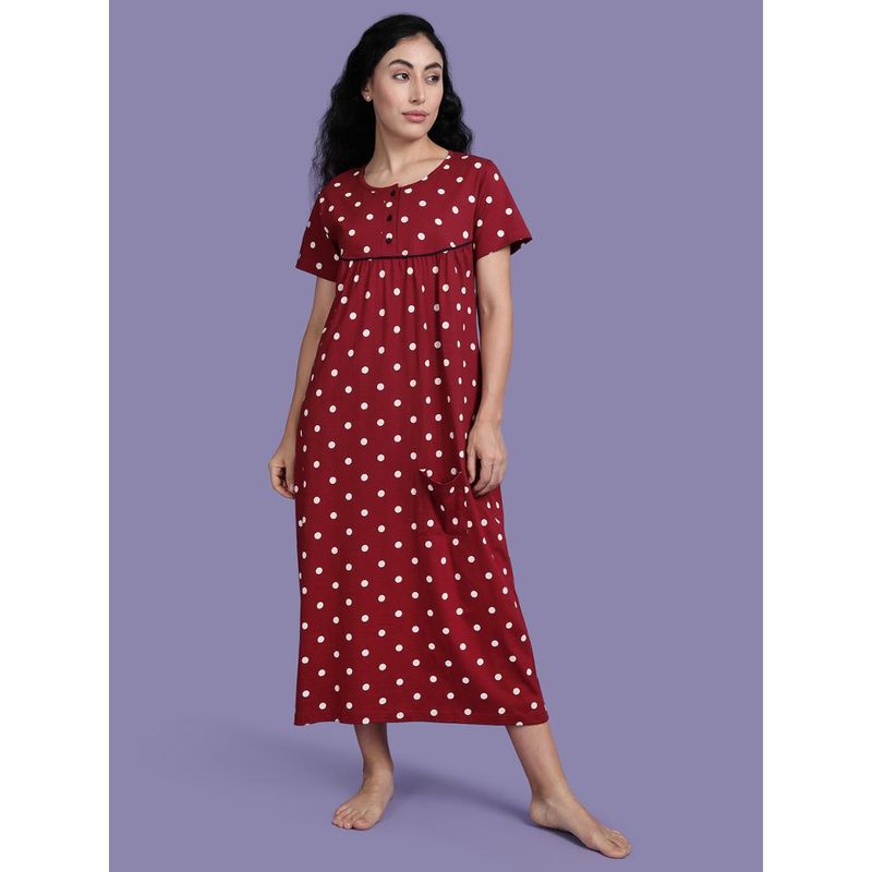 Kryptic Womens Maroon Printed Pure Cotton Maxi Nightdress (L)